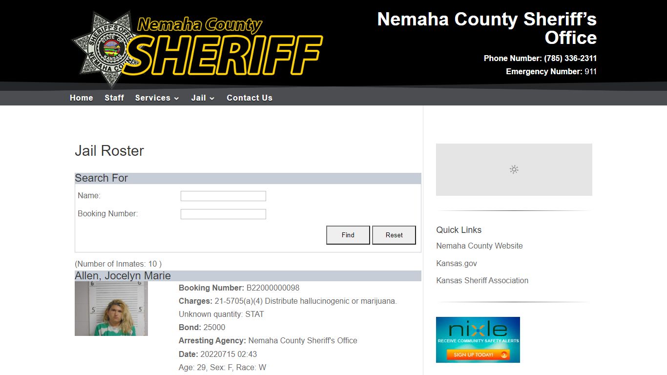 Jail Roster | Nemaha County Sheriff's Office